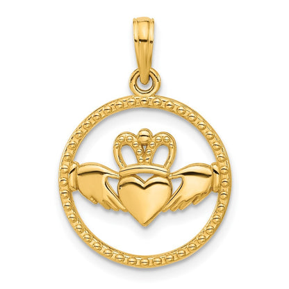 14k Yellow Gold Polished Circle Claddagh Pendant