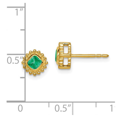 14k Yellow Gold Cushion Emerald Stud Earrings