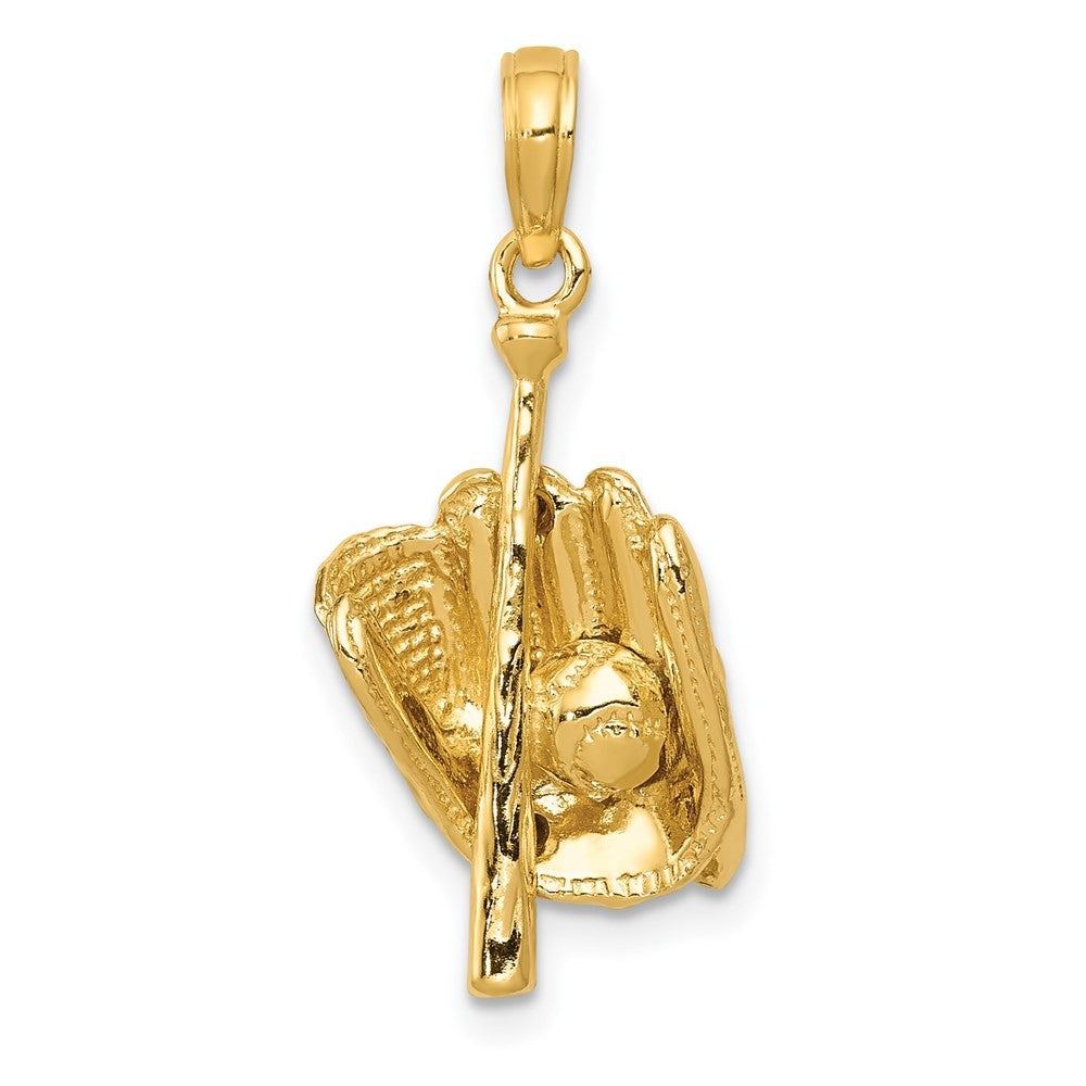 14k Yellow Gold Polished 3-D Glove/Bat/Baseball Pendant