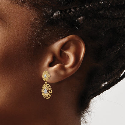 14k Yellow Gold w/Rhodium Diamond-Cut Filigree Medallion Drop Earrings
