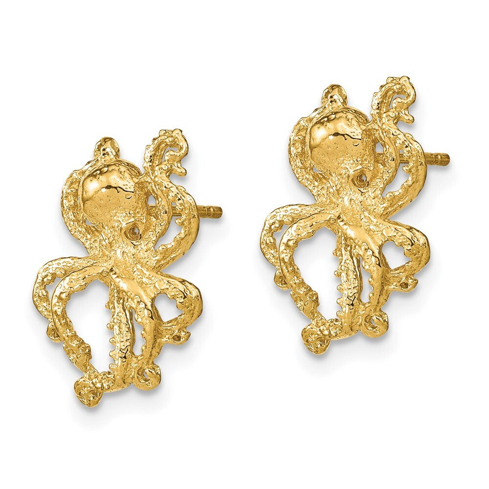 14k Yellow Gold 2-D Polished Octopus Stud Earrings Gift for Women