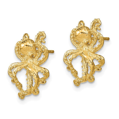 14k Yellow Gold 2-D Polished Octopus Stud Earrings Gift for Women