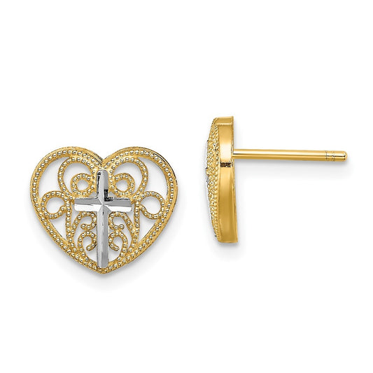 14k Yellow Gold Rhodium Filigree Cross Center Heart Stud Earrings