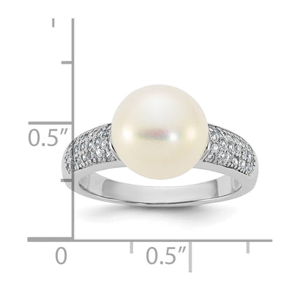 Sterling Silver 9-10mm White Button Freshwater Cultured Pearl and CZ Ring Size 8
