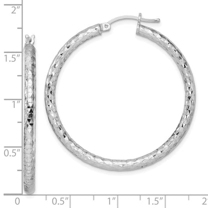 Sterling Silver Rhodium-plated Textured 3x40mm Hoop Earrings