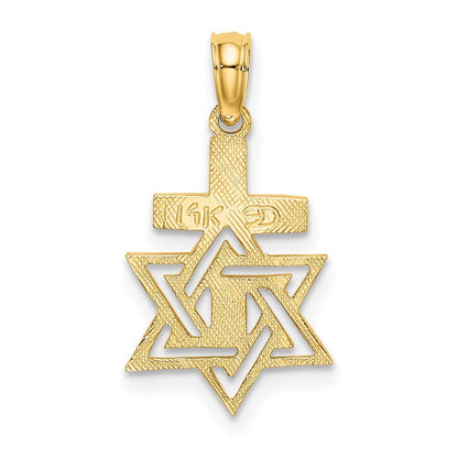14k Yellow Gold Polished / Engraved Star Of David and Cross Charm Pendant
