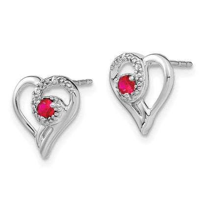 14k White Gold Ruby and Diamond Heart Stud Earrings