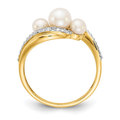 14K Yellow Gold Diamond and FW Cultured 3-Pearl Bypass Ring