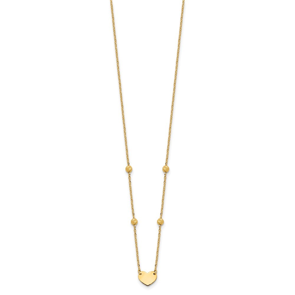 14k Yellow Gold  Heart and Diamond-cut Beads 15.5" Necklace Plus 2" Extender
