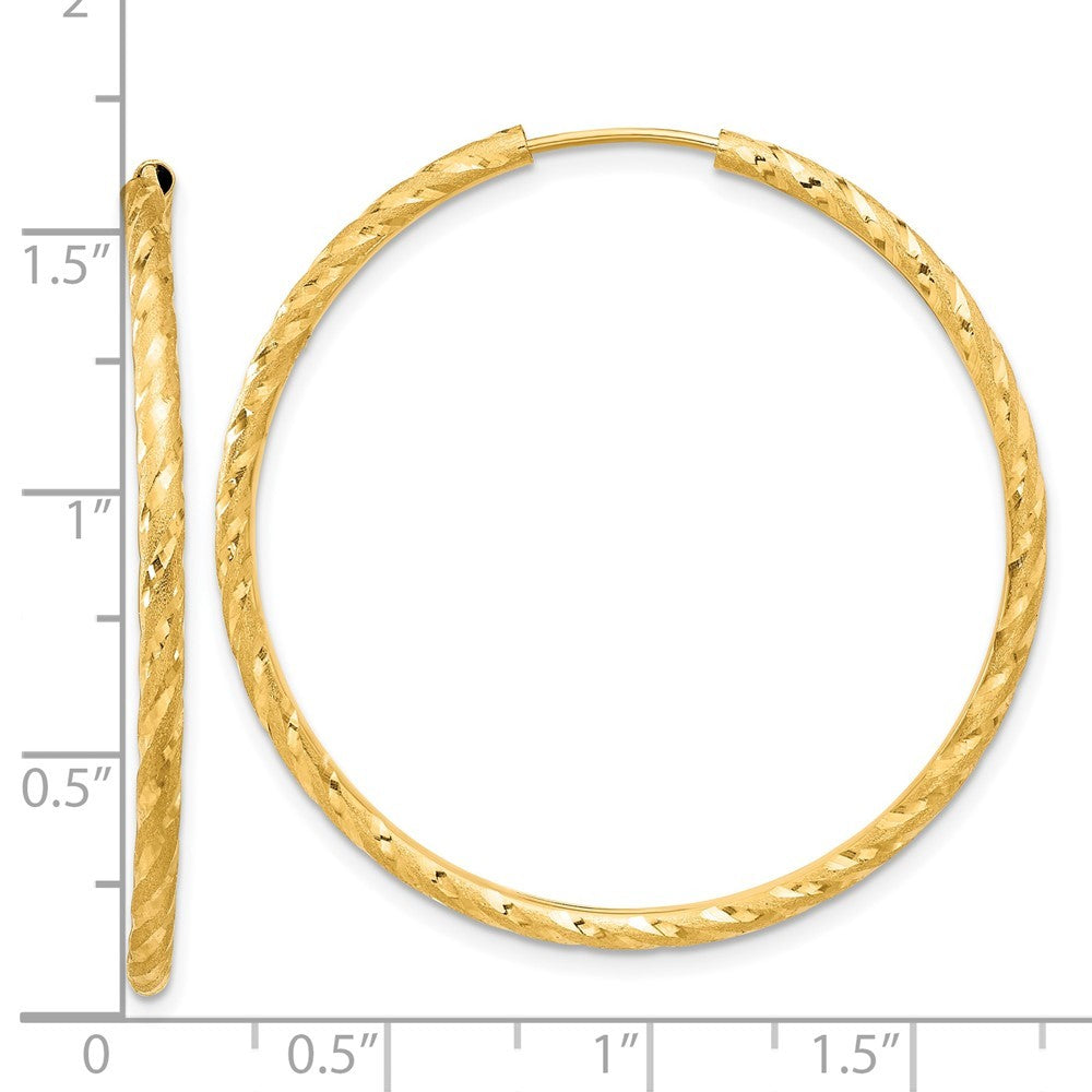 14k Yellow Gold Polished and Satin Diamond-Cut 2mm Endless Hoop Earrings
