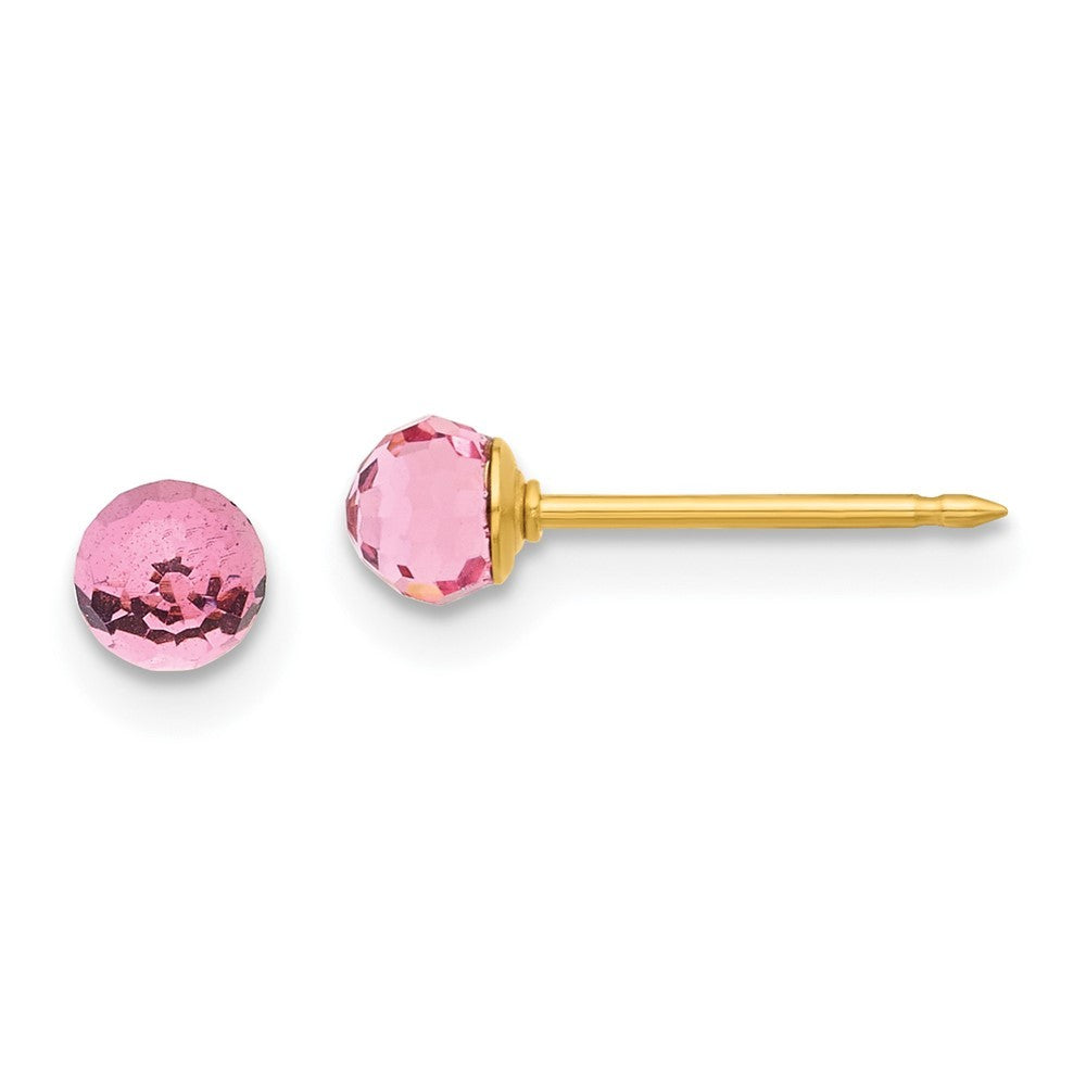 14k Yellow Gold Polished 4mm Pink Crystal Faceted Ball Earrings