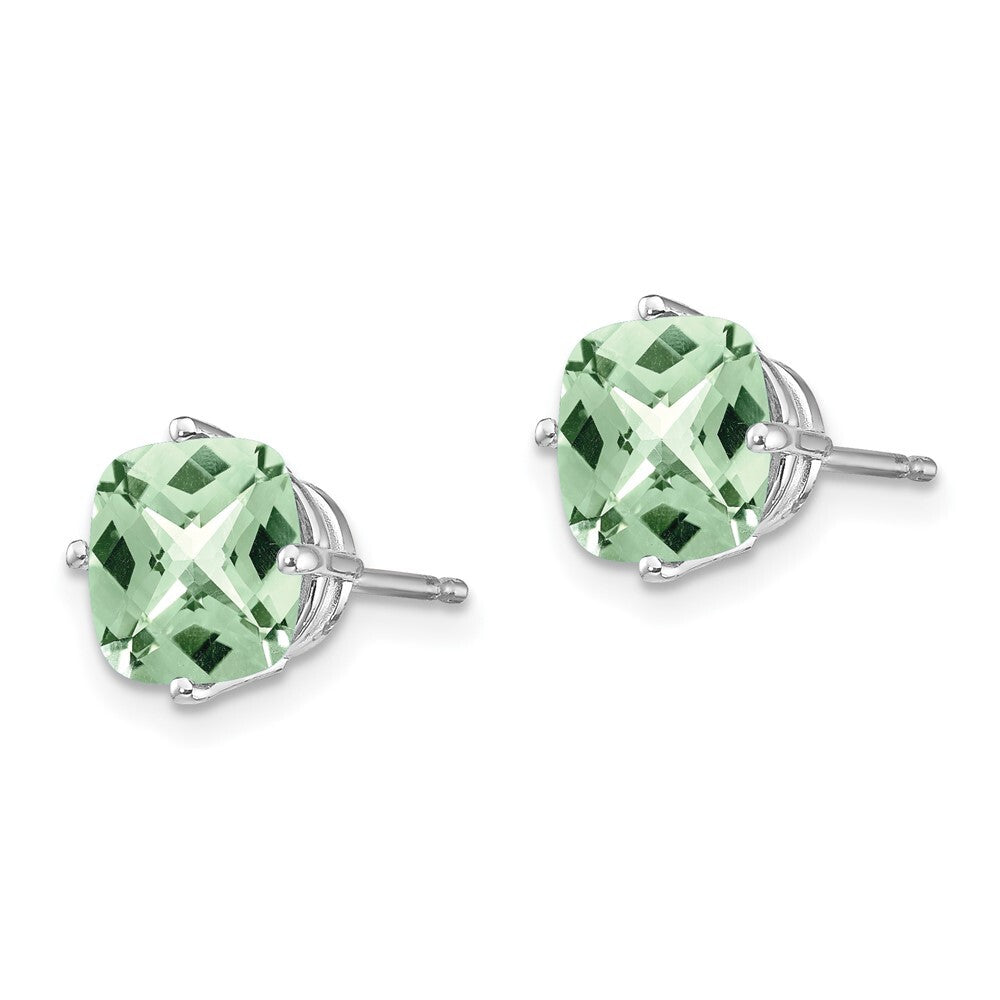 14k White Gold 7mm Cushion Checker-Cut Green Quartz Earrings Gift for Women