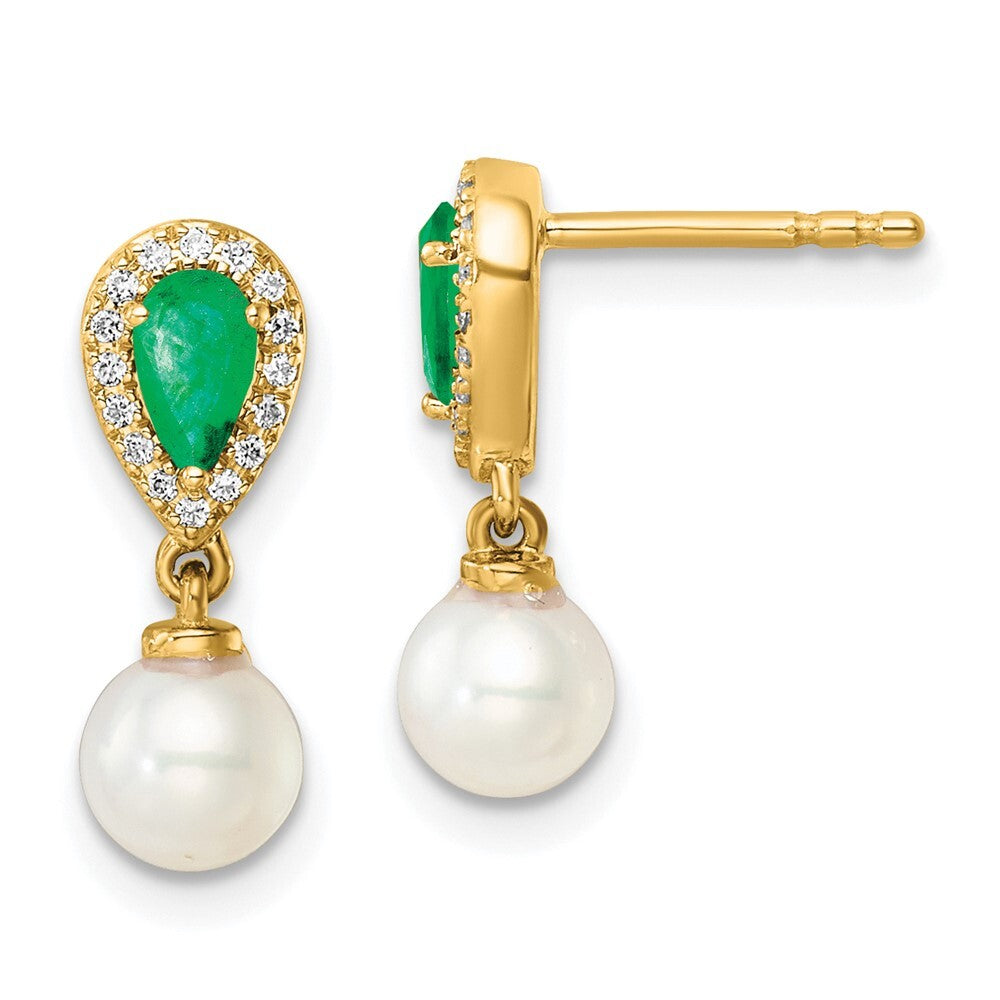 14k Yellow Gold Polished Diamond Pearl and Emerald Dangle Earrings