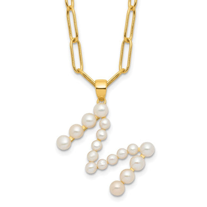 Sterling Silver 3-5.5mm White Button Cultured Pearl LETTER M Necklace 18"