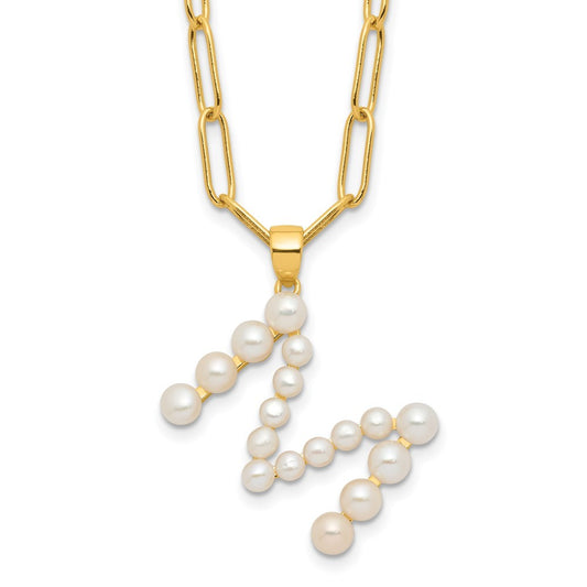 Sterling Silver 3-5.5mm White Button Cultured Pearl LETTER M Necklace 18"
