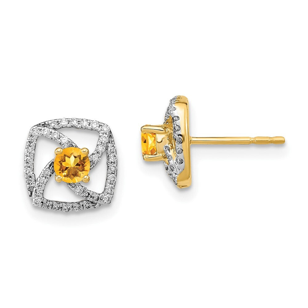 14k Yellow Gold Polished Diamond and Citrine Square Stud Earrings