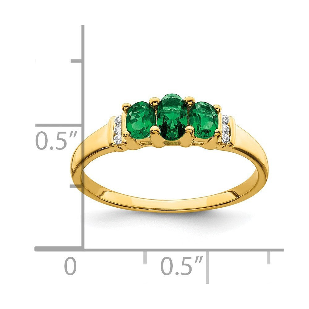 14K Yellow Gold Polished Triple Emerald and Diamond 3-stone Ring Size 7