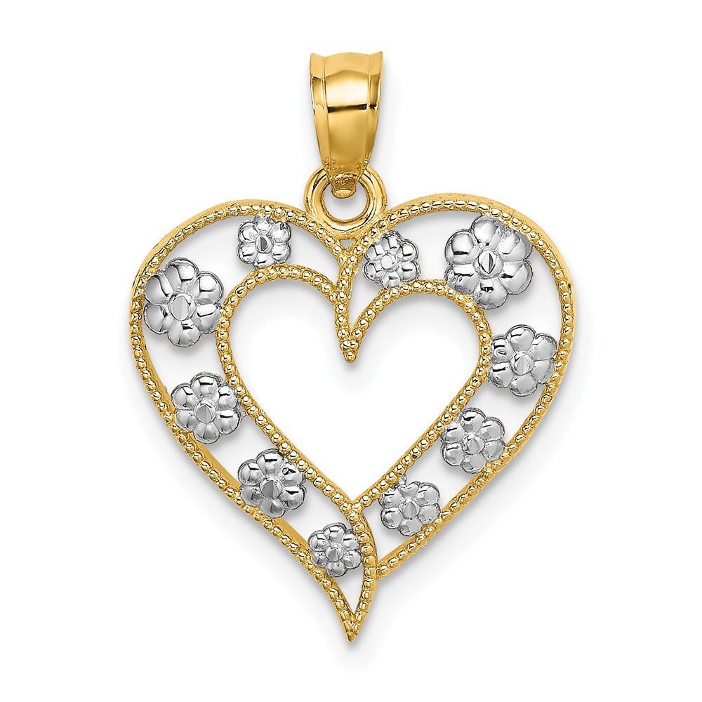 14k Yellow Gold Two-Tone Textured Cut-Out Heart  Flowers Charm Pendant