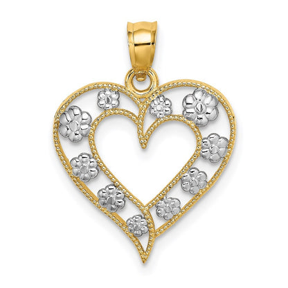 14k Yellow Gold Two-Tone Textured Cut-Out Heart  Flowers Charm Pendant