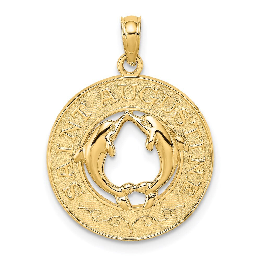 14k Yellow Gold SAINT AUGUSTINE Dolphins Circle Charm Pendant for Women