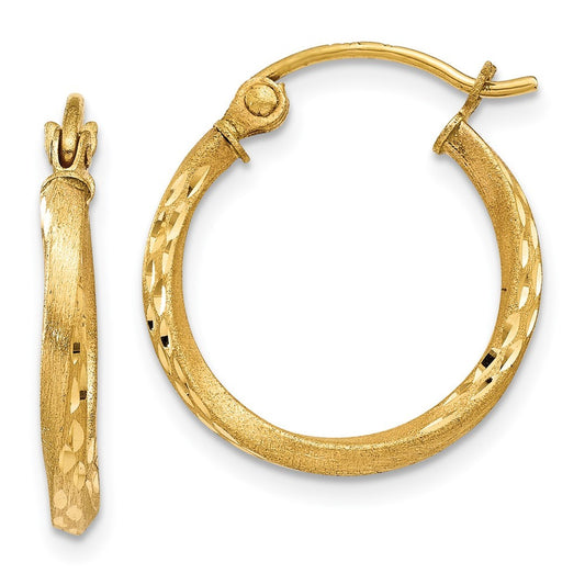14k Yellow Gold Satin Diamond Cut Hollow Twisted Hoop Earrings