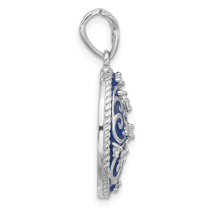 Sterling Silver Polished Swirl Blue Enamel Cubic Zirconia Oval Pendant