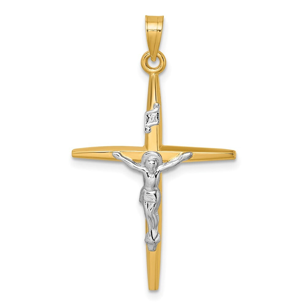 14k Yellow Gold with White Rhodium Polished INRI Crucifix Cross Pendant