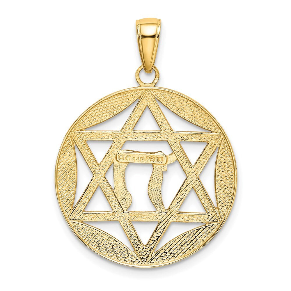14k Yellow Gold Rhodium Polished Star of David Chai Round Pendant for Women