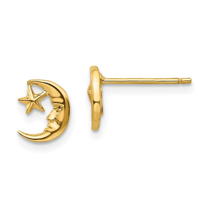 14k Yellow Gold Moon and Star Stud Earrings Gift for Women