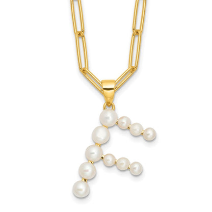 Sterling Silver 3-5.5mm White Button Cultured Pearl LETTER F Necklace 18"