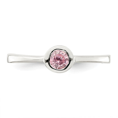 Sterling Silver Pink Round Bezel Cubic Zirconia Ring Size 7