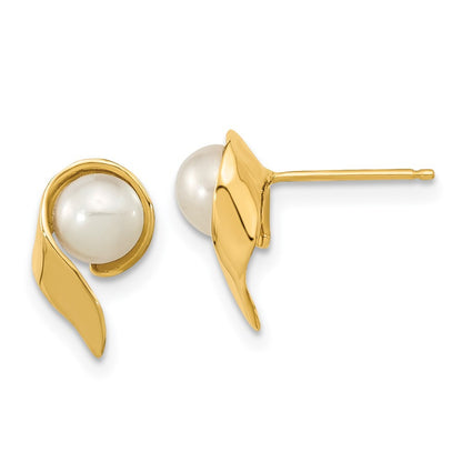 14k Yellow Gold 5-6mm White Button Freshwater Cultured Pearl Stud Earrings