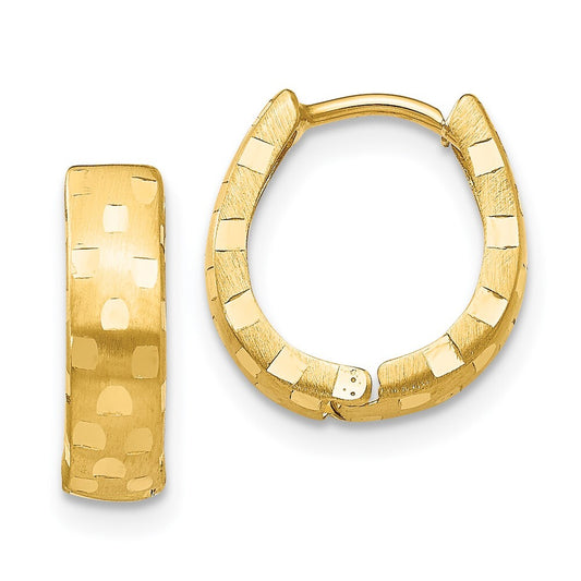 14k Yellow Gold Diamond Cut 4mm Patterned Hinged Hoop Earrings Gift for Women
