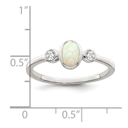 Sterling Silver Polished CZ and White Created Opal Ring Size 6
