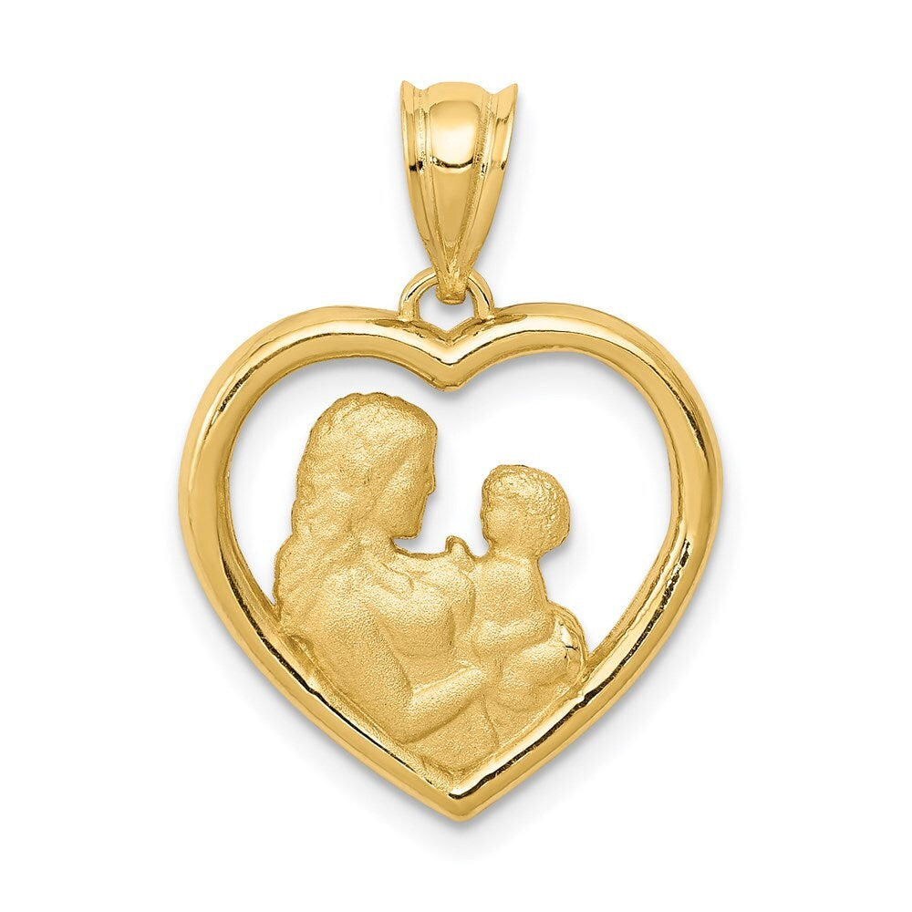 14k Yellow Gold Polished and Satin Mom/Baby Heart Charm Pendant for Women