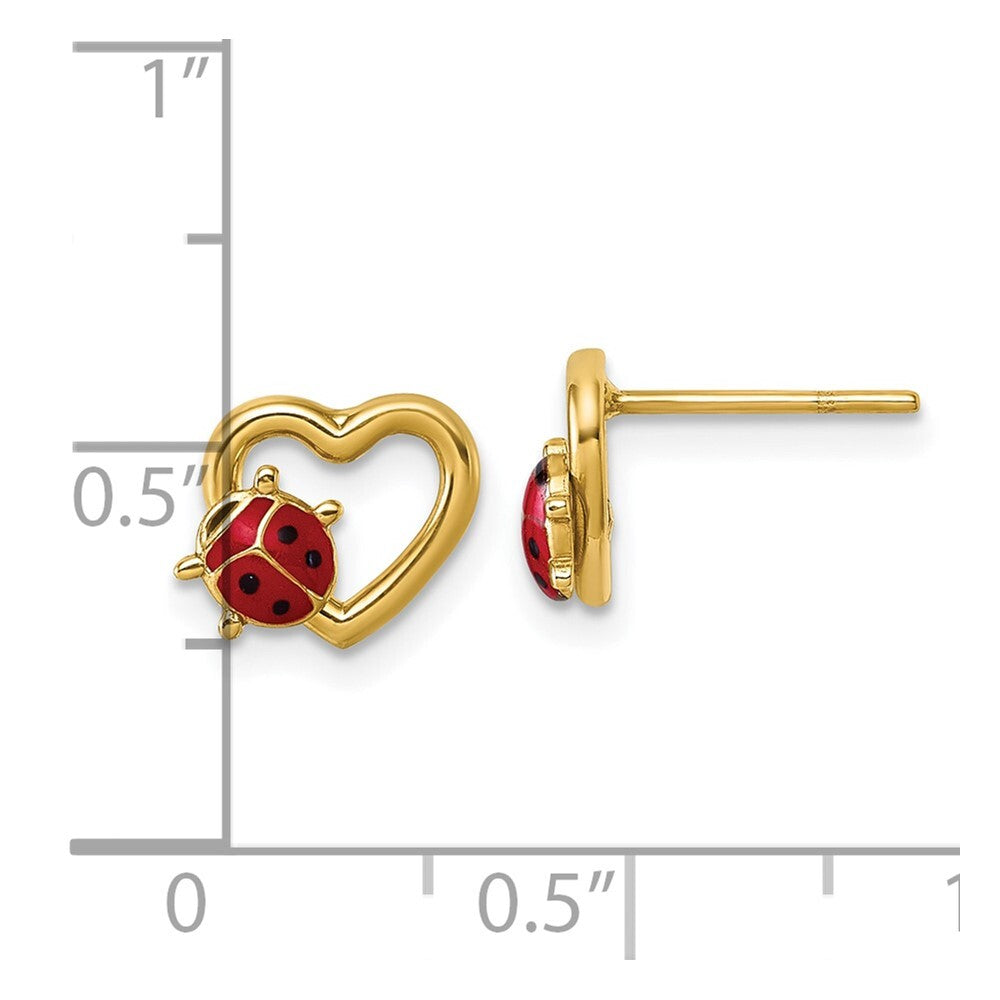 14k Yellow Gold Polished Enameled Lady Bug on Heart Stud Earrings