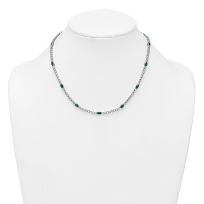 Sterling Silver and Beaded Fancy Oval Green and Round White CZ 17" Necklace