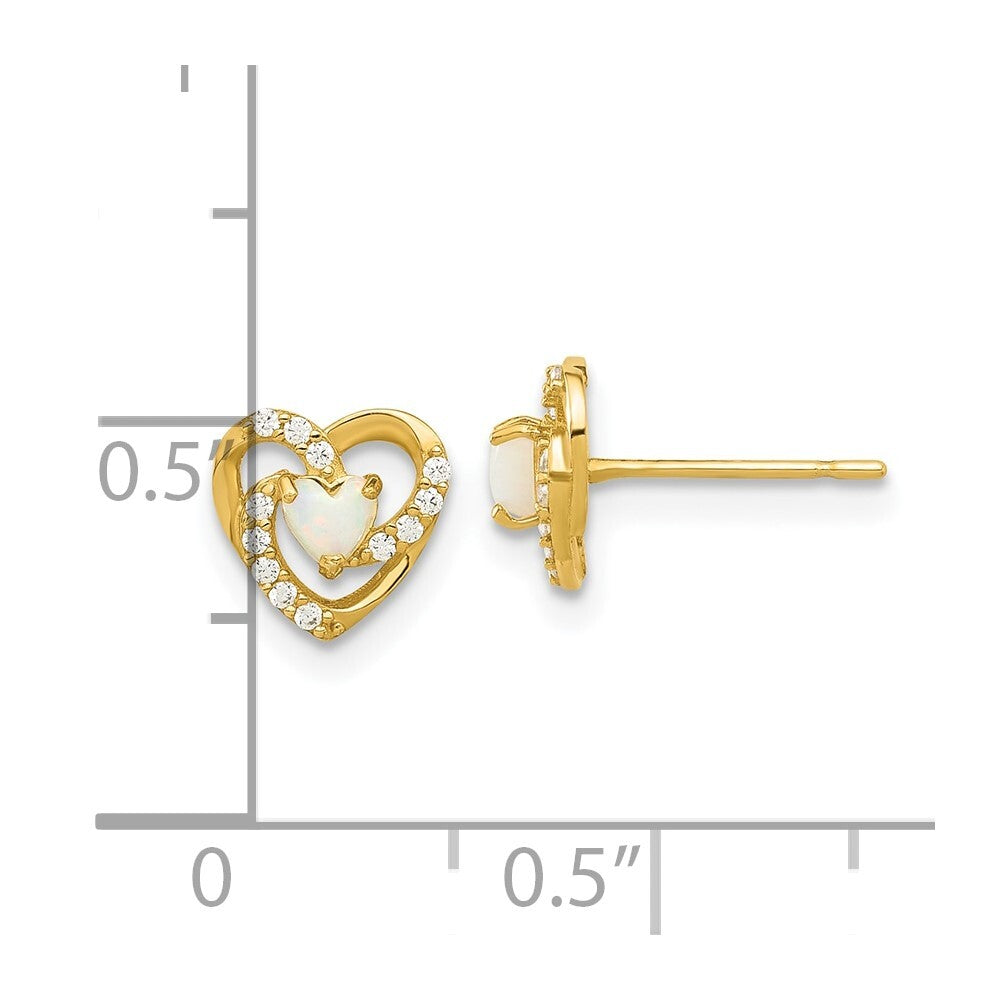 14k Yellow Gold Polished Created Opal and Cubic Zirconia Heart Stud Earrings