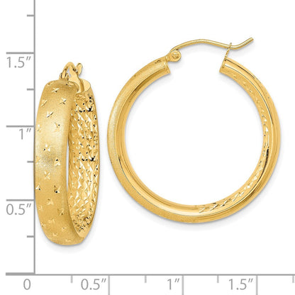 14k Yellow Gold Polished Satin and Diamond-cut Hoop Earrings