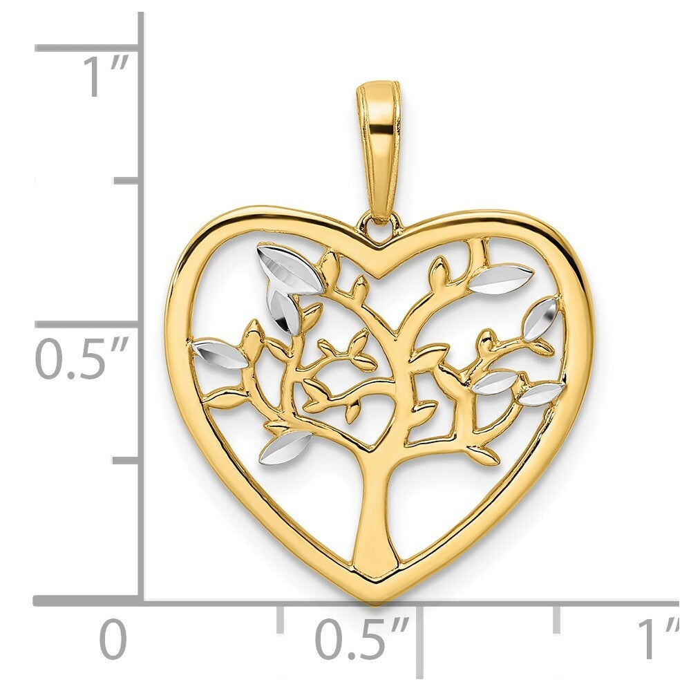 14k Yellow Gold and White Rhodium Diamond-cut Tree of Life Heart Pendant