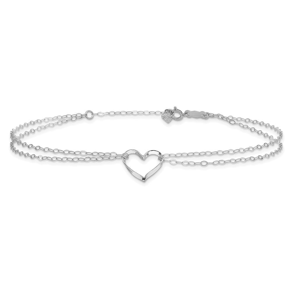 14k White Gold Double Strand Chain Twisted Heart 10" Anklet