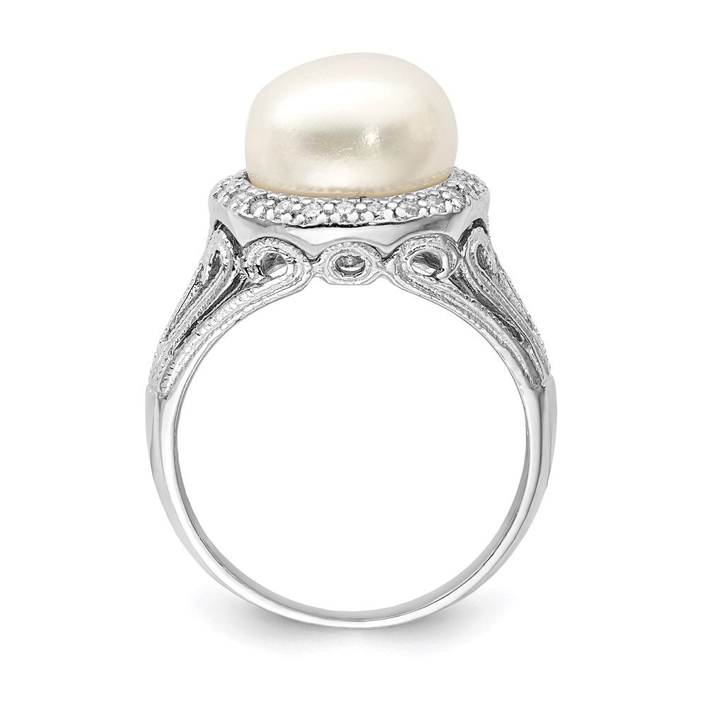 Sterling Silver 10-11mm White Button Freshwater Cultured Pearl and CZ Ring