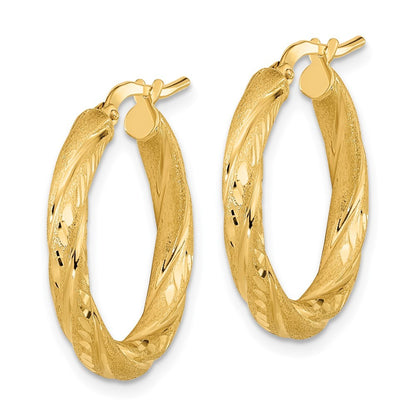 14k Yellow Gold 3mm Polished & Satin Diamond-Cut Hoop Earrings