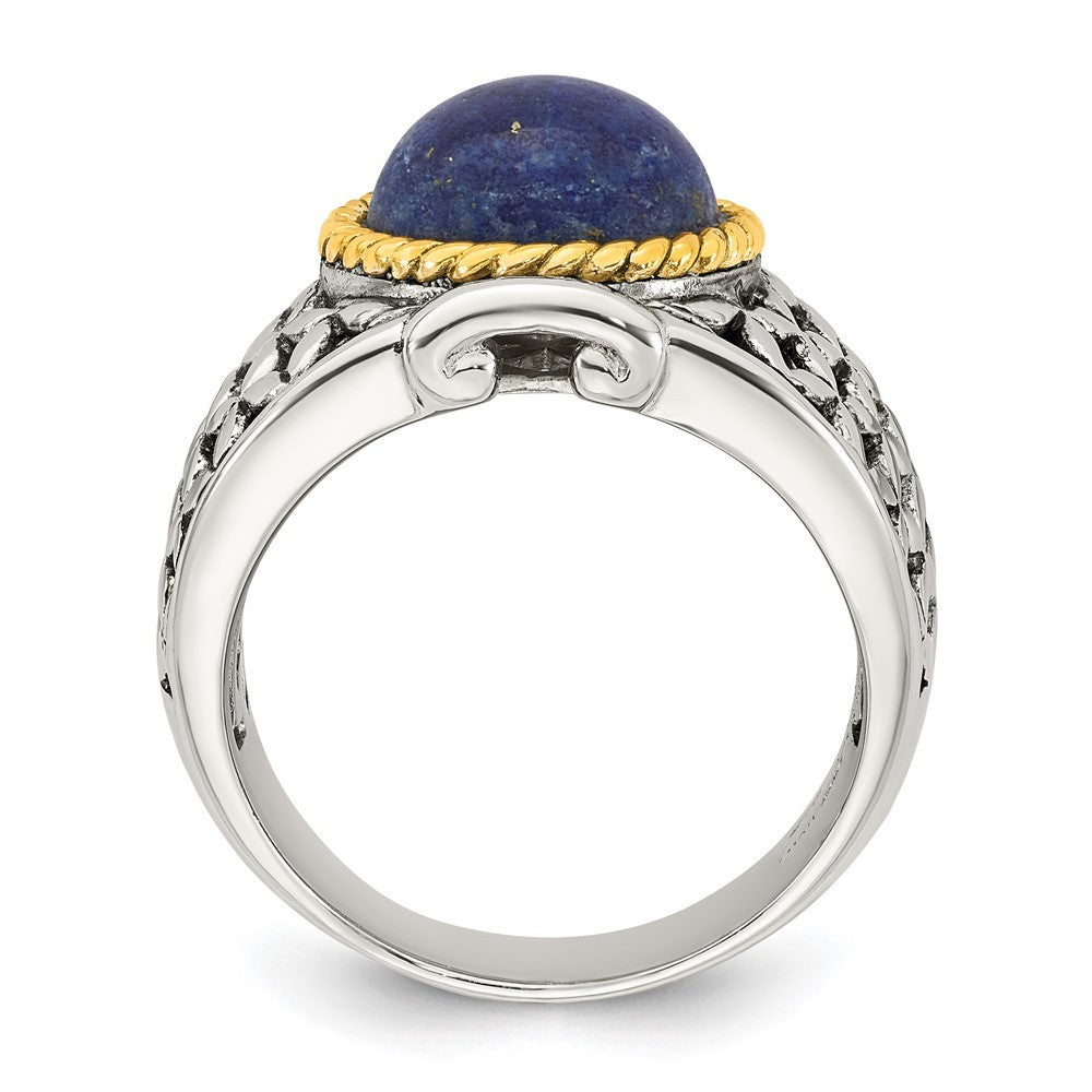 Sterling Silver Antiqued Gold Accent Lapis Cabochon Woven Pattern Ring Sz 7