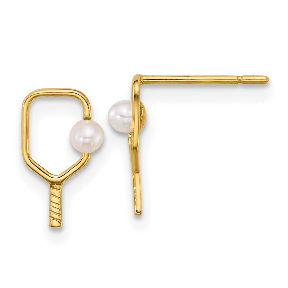 14k Yellow Gold Polished Cultured Pearl Ball & Pickleball Paddle Stud Earrings