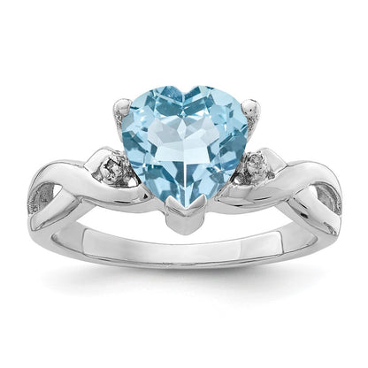 Sterling Silver Rhodium Plated Diamond & Blue Topaz Heart Ring