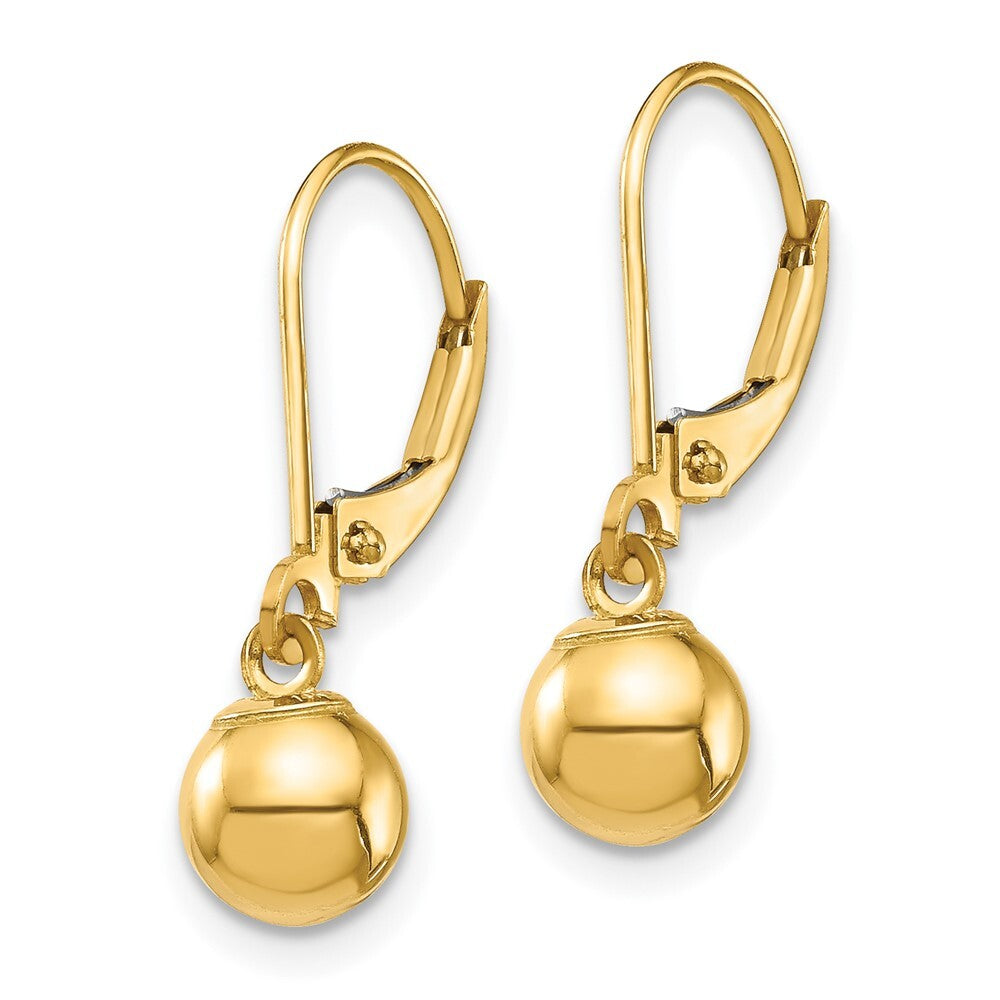 14k Yellow Gold Dangle 6mm Bead Dangle Earrings Leverback Gift for Women