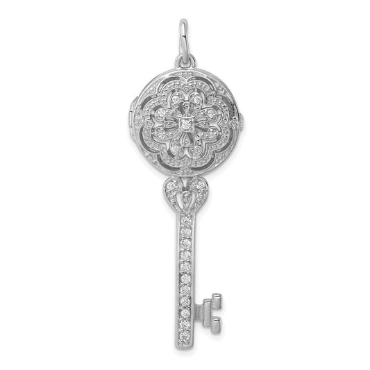 Sterling Silver Rhodium-plated Cubic Zirconia Filigree Locket Key Pendant