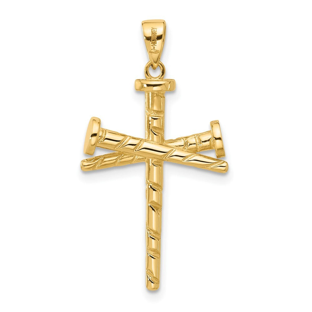 14k Yellow Gold Polished and Textured Nails Cross Pendant