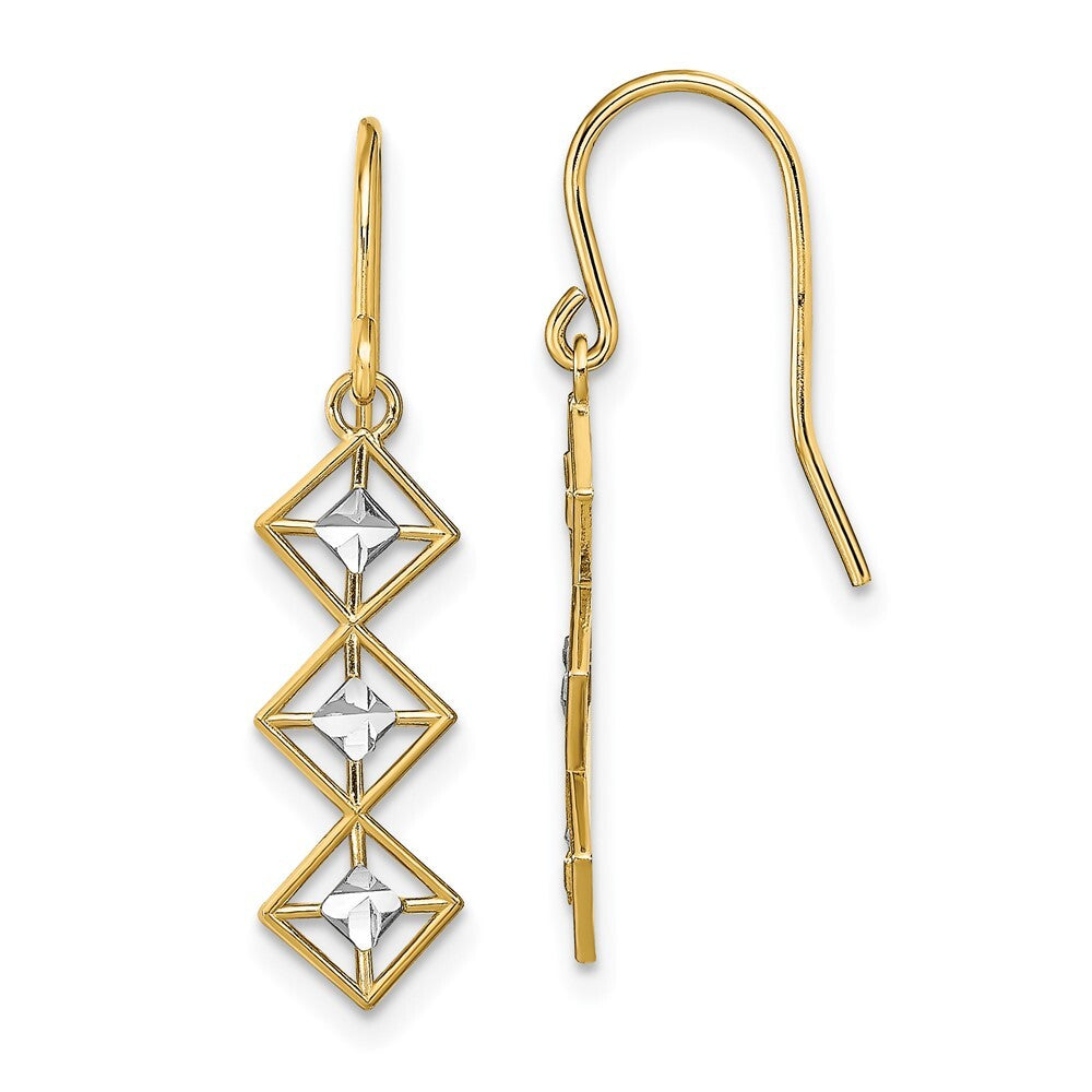 14k Yellow Gold Rhodium Fancy Diamond-cut Dangle Wire Earrings